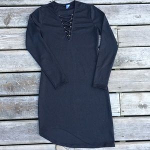 Black Long Sleeve Laced up Neckline Dress